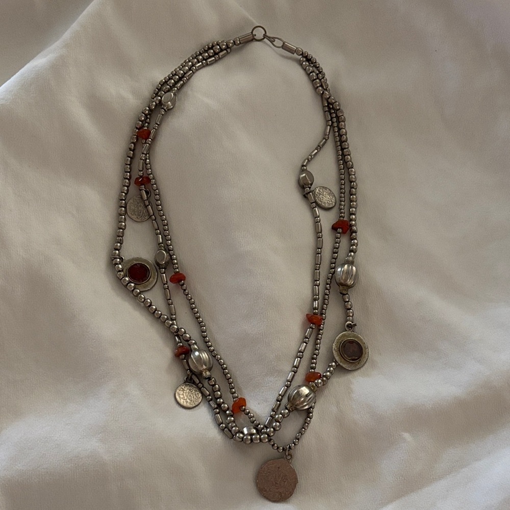 Elegant Silver and Orange-Red Beaded Necklace